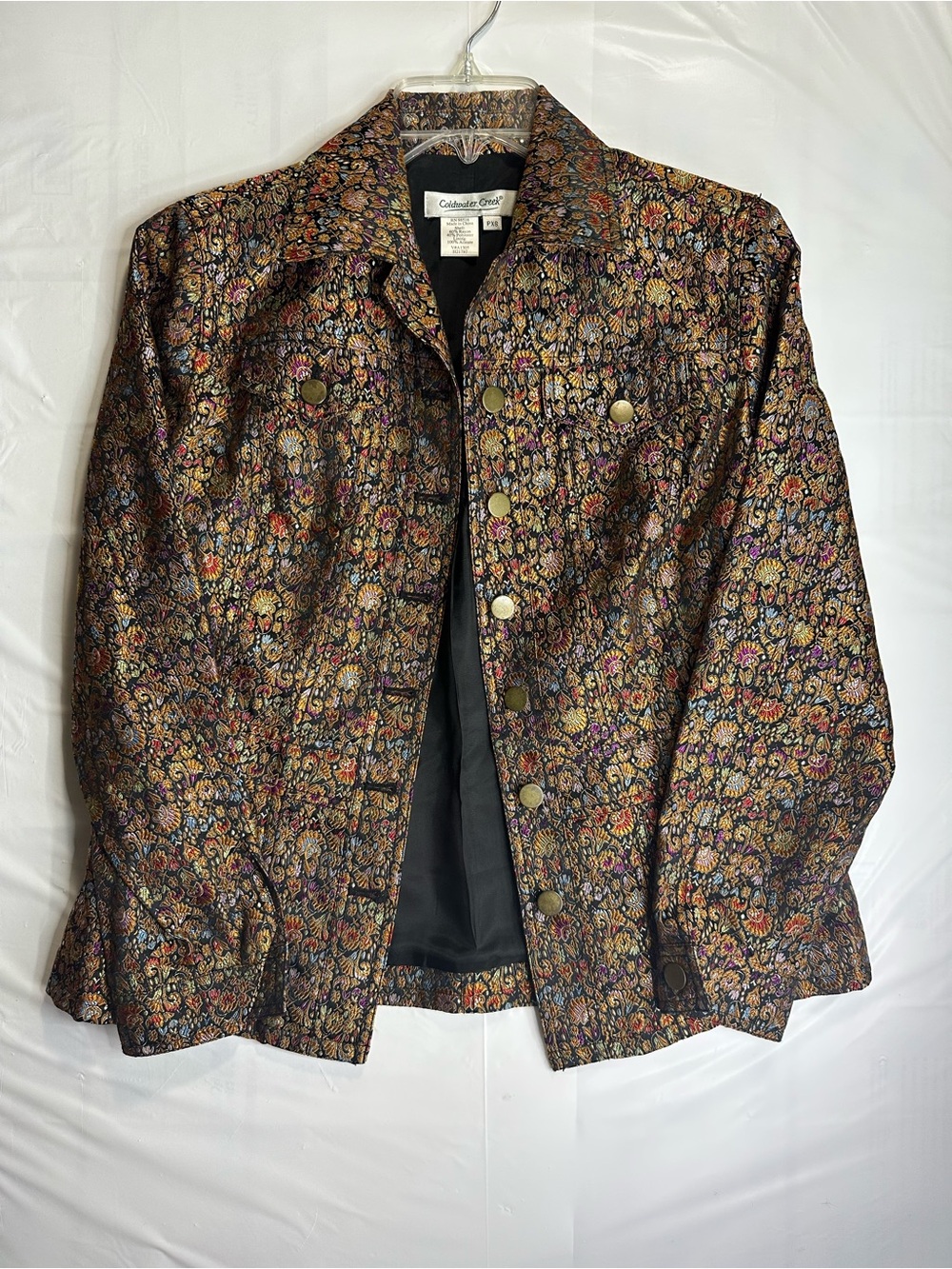 Coldwater Creek PXS Metallic Brocade Floral Jacket Gold Button Petite XS
